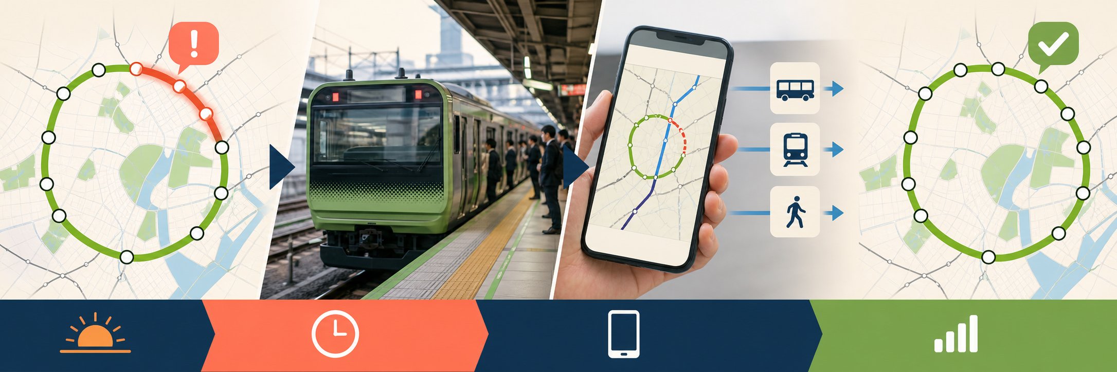 山手線をイメージした緑色の電車と運行再開を確認するスマートフォン