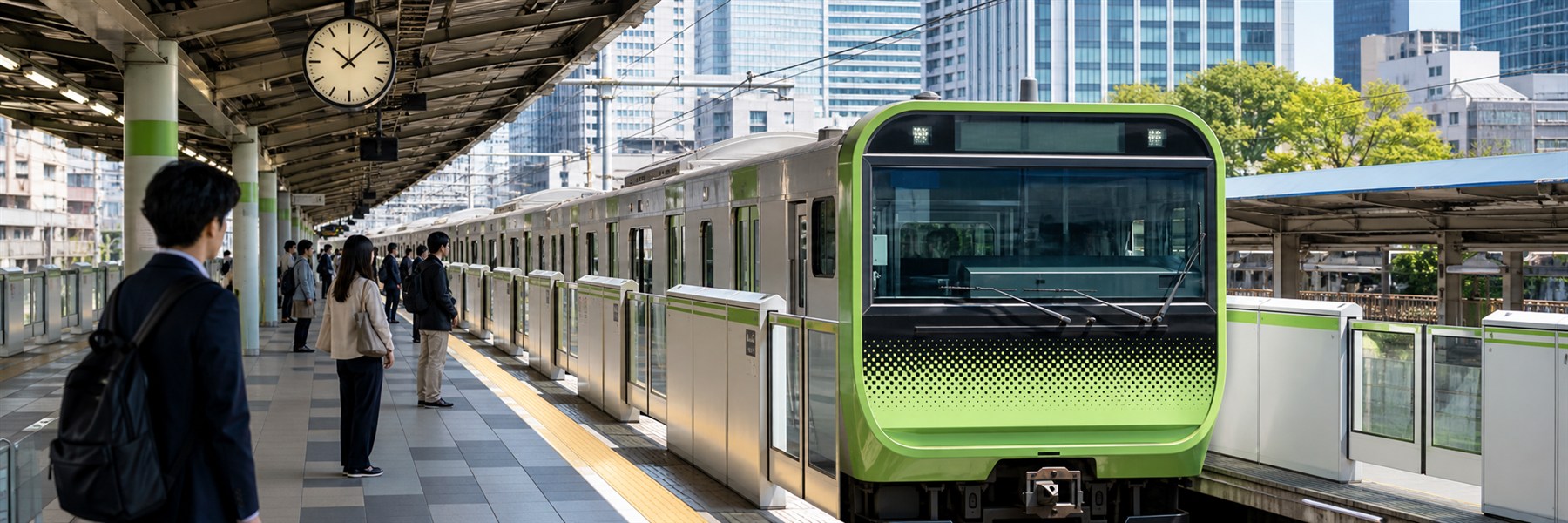 緑色を基調とした無地の通勤電車が都心のホームに停車し、利用客が安全な位置で待つ様子