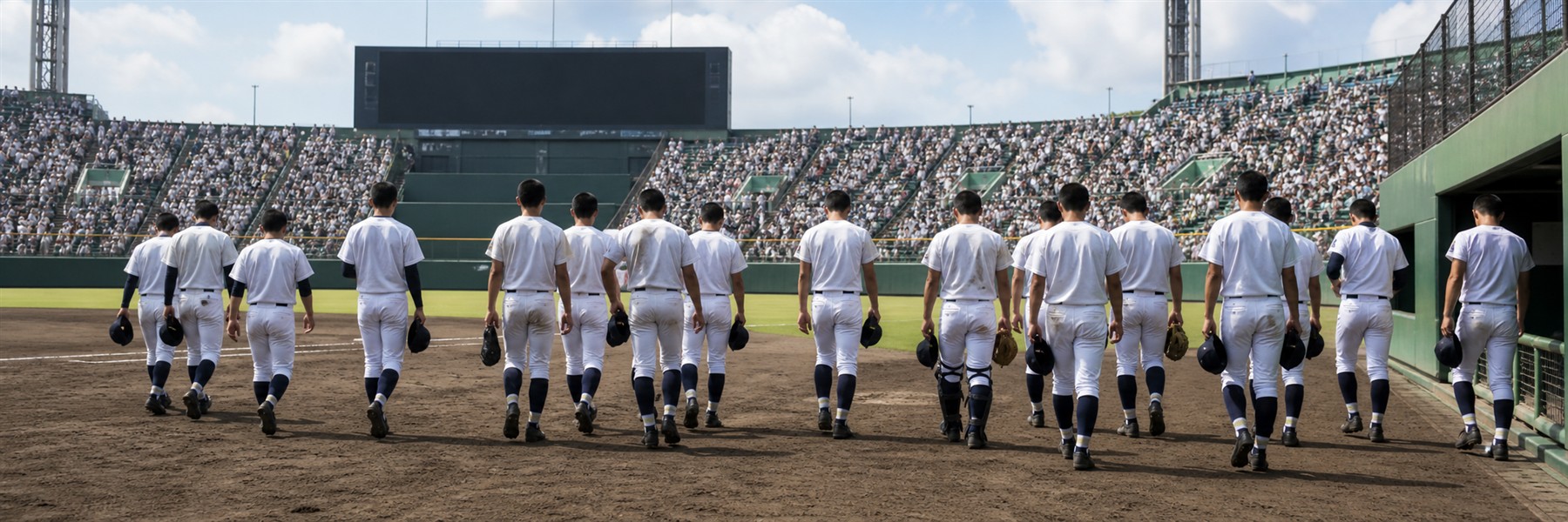 夏の大きな野球場で試合後に無地の白いユニフォーム姿でベンチへ戻る高校球児たち